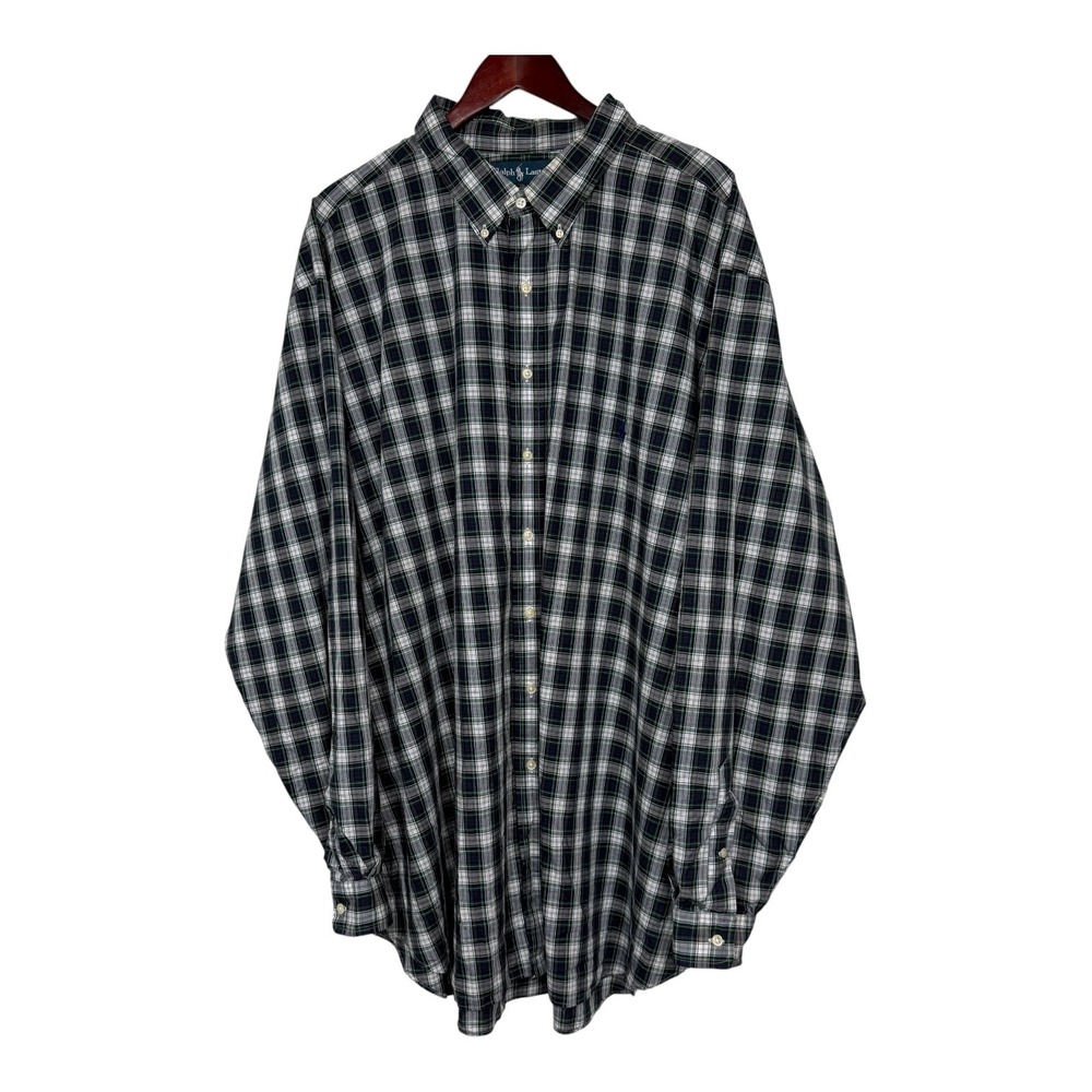 Ralph Lauren Mens 4XLT Tall Plaid Button Down Shirt Navy Green White Long Sleeve